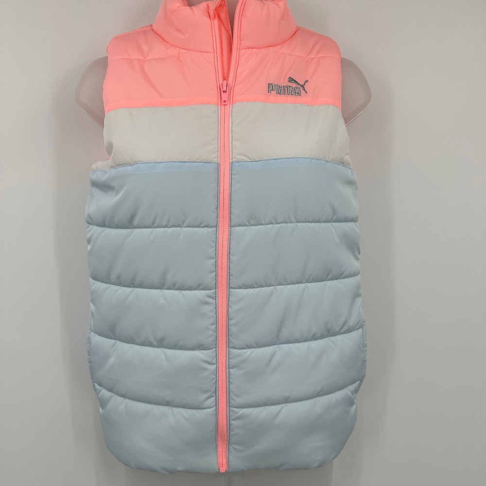 Puma Kids Puffer‎ Vest Coral Gray Light Blue Zip Up Padded Sleeveless